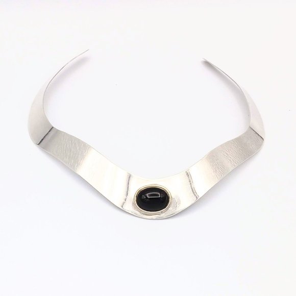 Vintage Jewelry - Vintage Onyx Sterling Silver Modernist Collar Choker Necklace